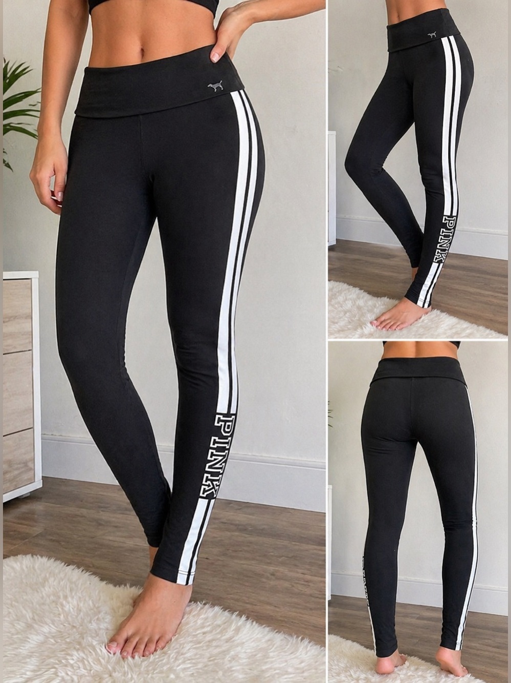 Victoria Secret PINK Leggings Cotton Full Length Black White Stripe, Size Small
